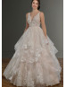 Plunging V Neck Beaded Ivory Lace Tulle Ruffle Deep V Back Wedding Dress